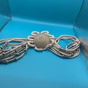 Vintage Silver Metallic Braided Woven Mesh Waist Belt w/beading 32”